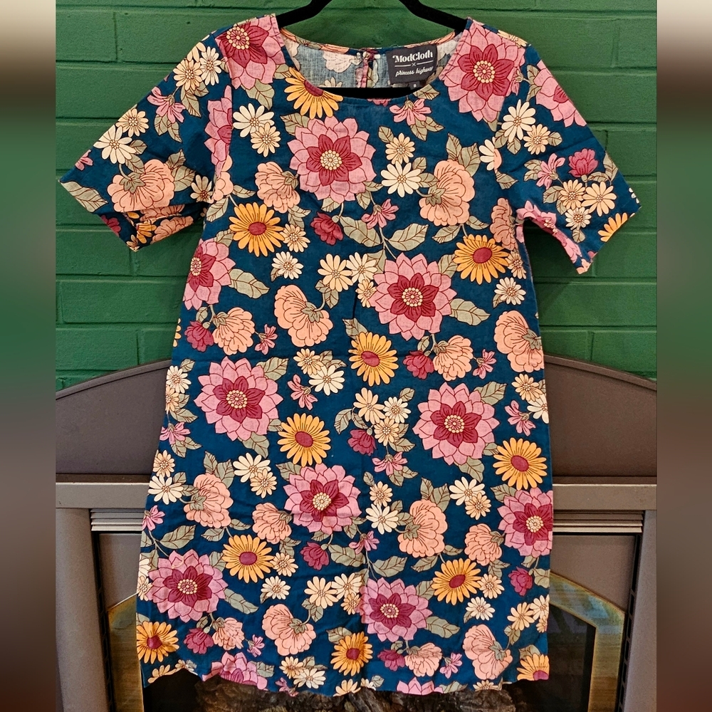 Modcloth X Princess High True Blue Shift Dress with Pink and Yellow Floral Print